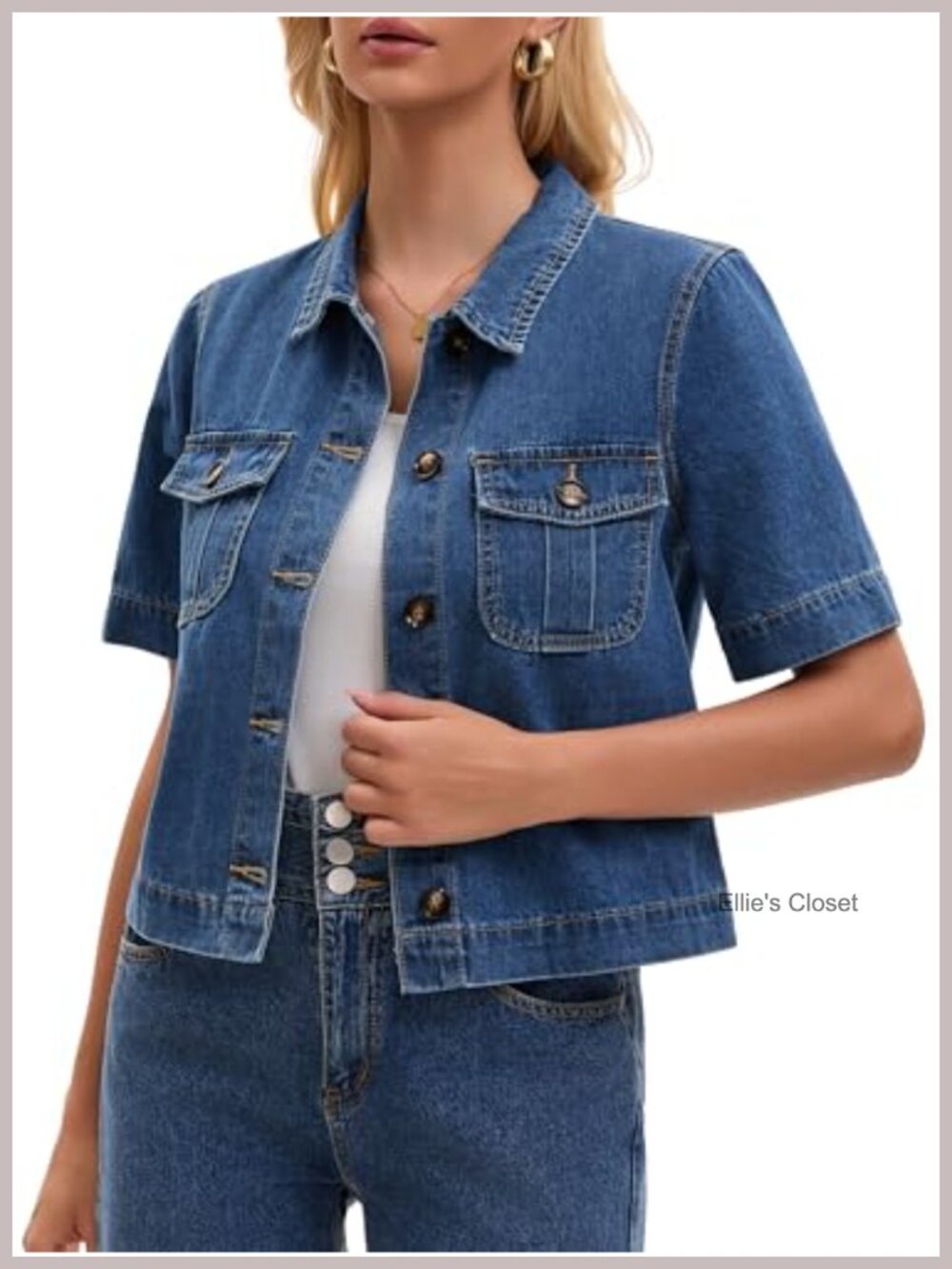 Womens Short Sleeve Denim Jacket Button Down Cropped Jean Top with Pockets